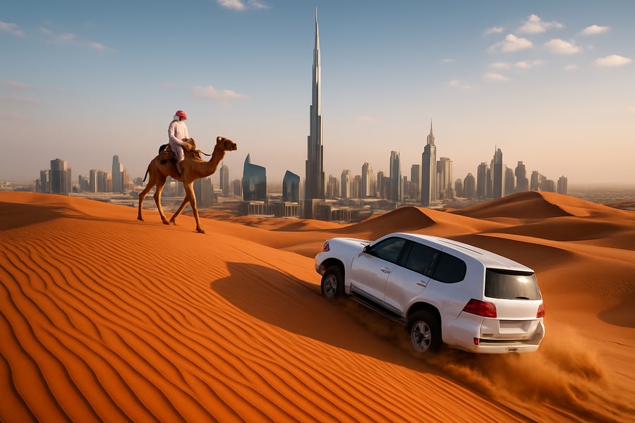 Dubai skyline with Burj Khalifa and desert adventure